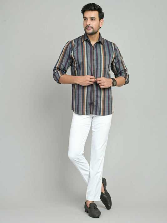 Beige and Grey with Chocolate Brown and Caramel Brown Multicolored Stripes Cotton Shirt