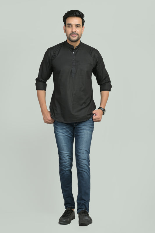 Men Solid Cotton Blend Straight Kurta  (Black)