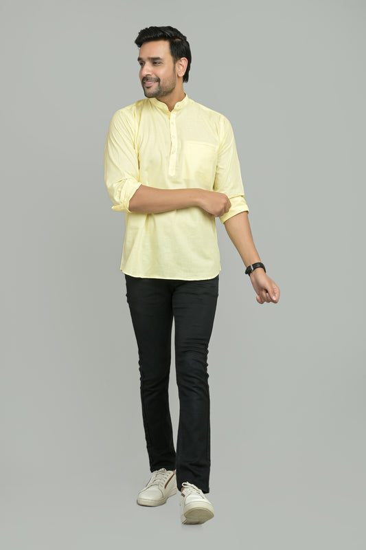 Men Solid Cotton Linen Straight Kurta  (Yellow)