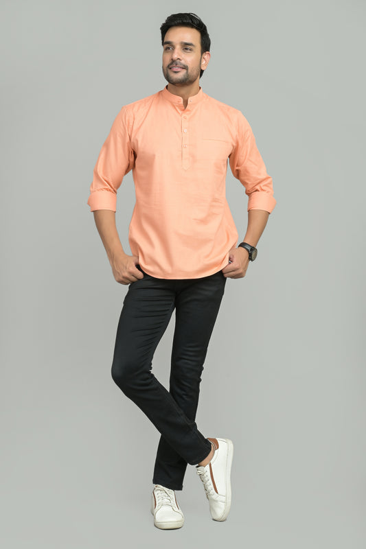 MEN ORANGE TEXTURED SLIM FIT CASUAL KURTA