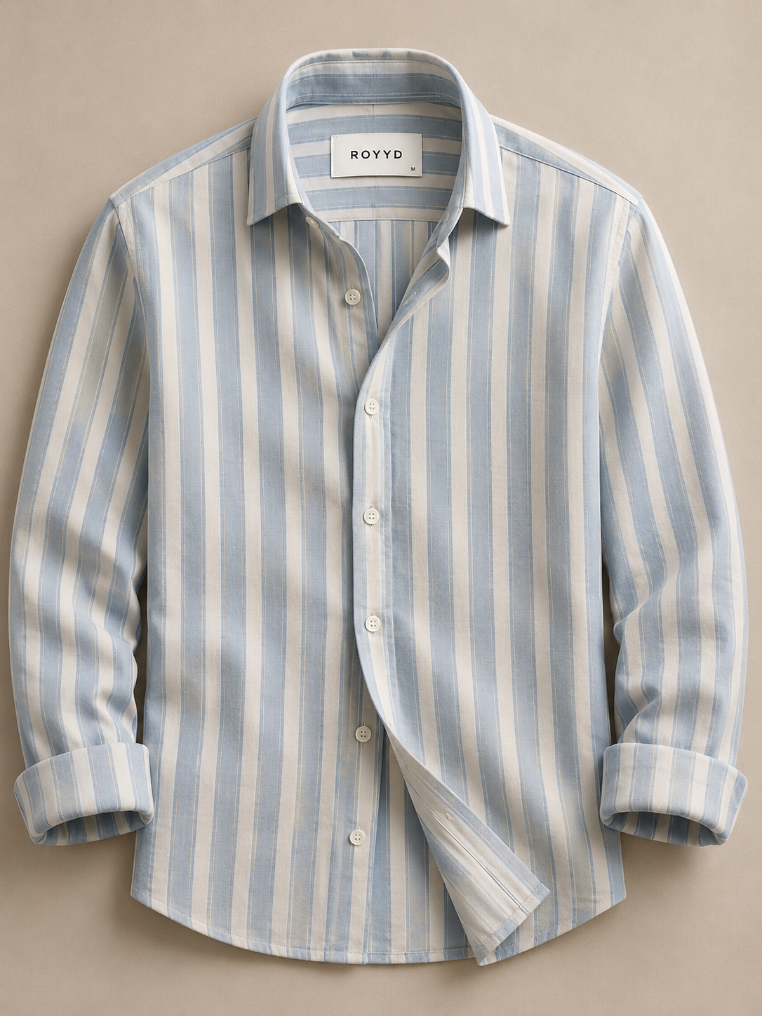 ROYYD tailored 100% linen striped shirt with a classic collar and long sleeves, featuring blue and white vertical stripes.