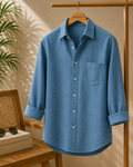 ROYYD premium linen shirt featuring a classic fit, light beige color, and button-down front, perfect for casual and smart looks.