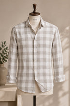 ROYYD tailored 100% linen shirt in light neutral color, featuring a classic collar and button-front design.