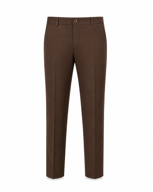 Brown ROYYD formal trouser shown hanging, classic tailored design with clean lines and belt loops for men's office wear.
