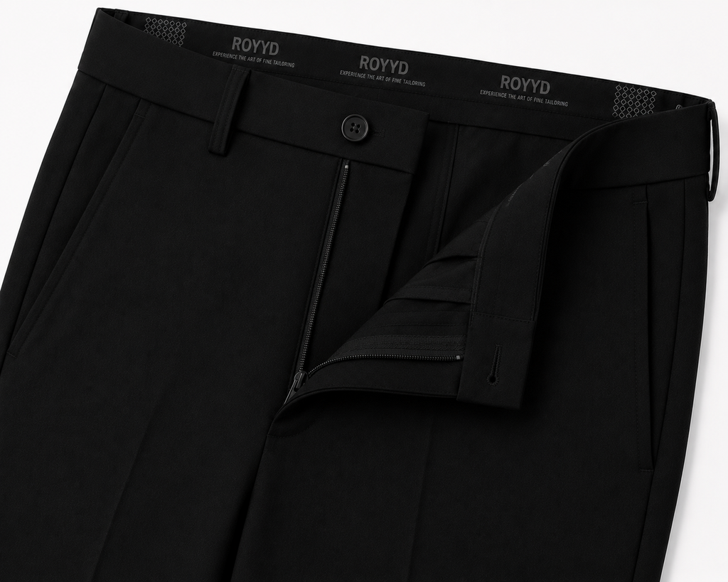 Black formal trousers by ROYYD, tailored fit with smooth fabric and classic design, suitable for professional or formal occasions.