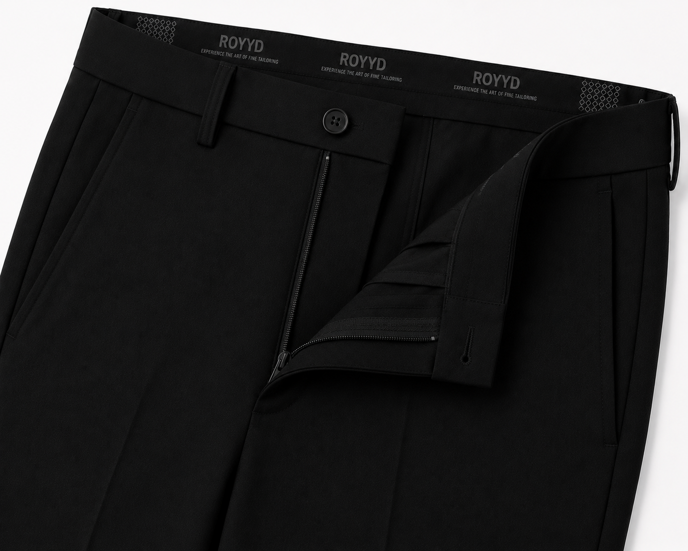 Black formal trousers by ROYYD, tailored fit with smooth fabric and classic design, suitable for professional or formal occasions.