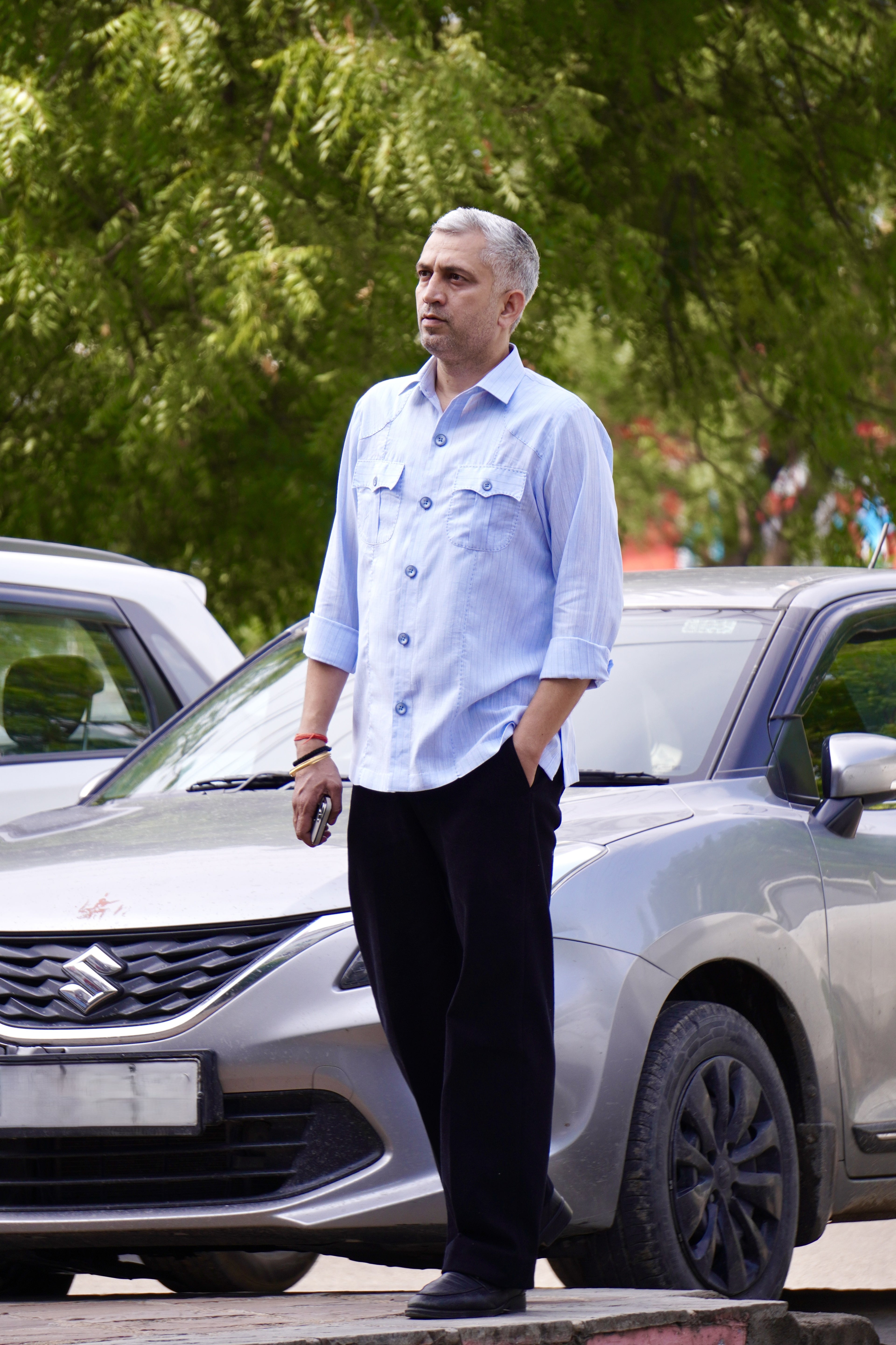 ROYYD black denim straight fit trouser paired with linen cotton hunting shirt, showcasing casual men's fashion ensemble.
