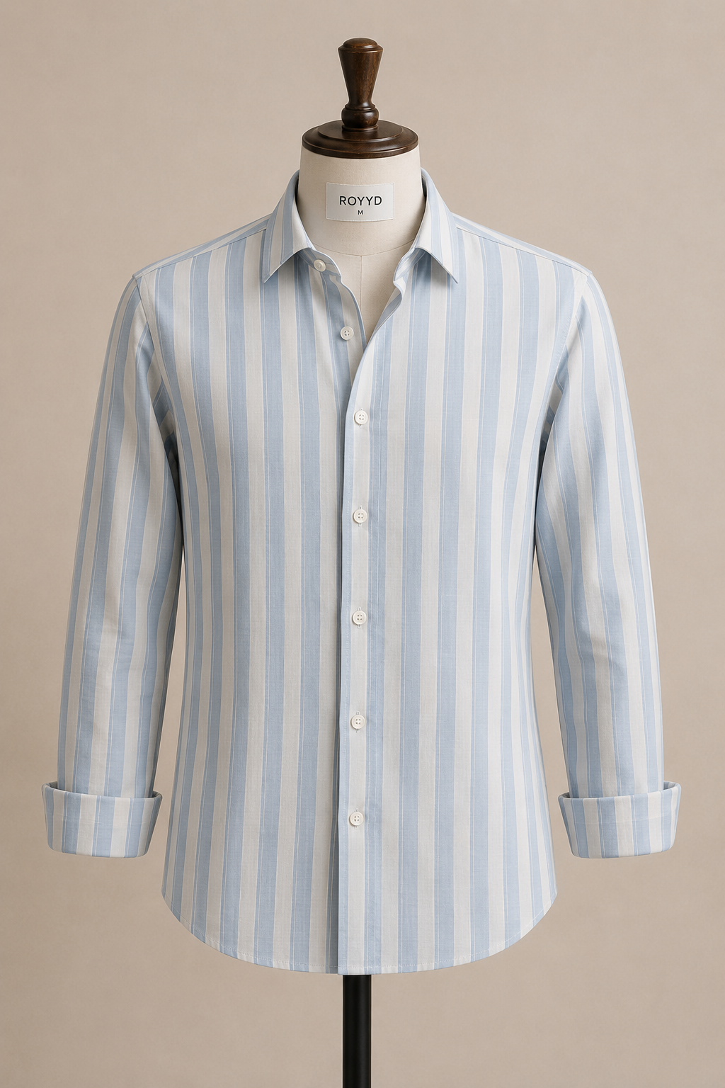 ROYYD tailored linen striped shirt with a classic collar and button closure, lightweight and breathable for casual or formal wear.