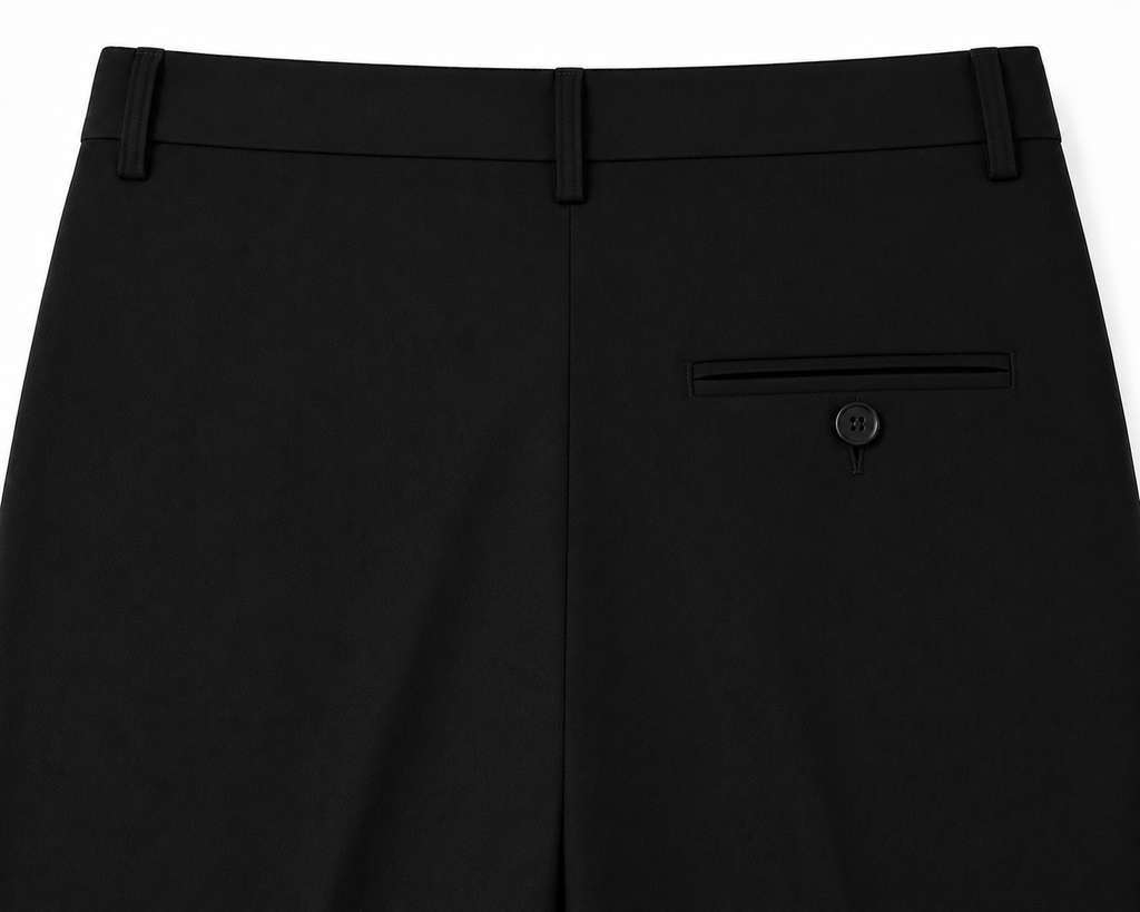 Black formal trousers by ROYYD, tailored fit with smooth fabric, shown on a hanger against a neutral background.