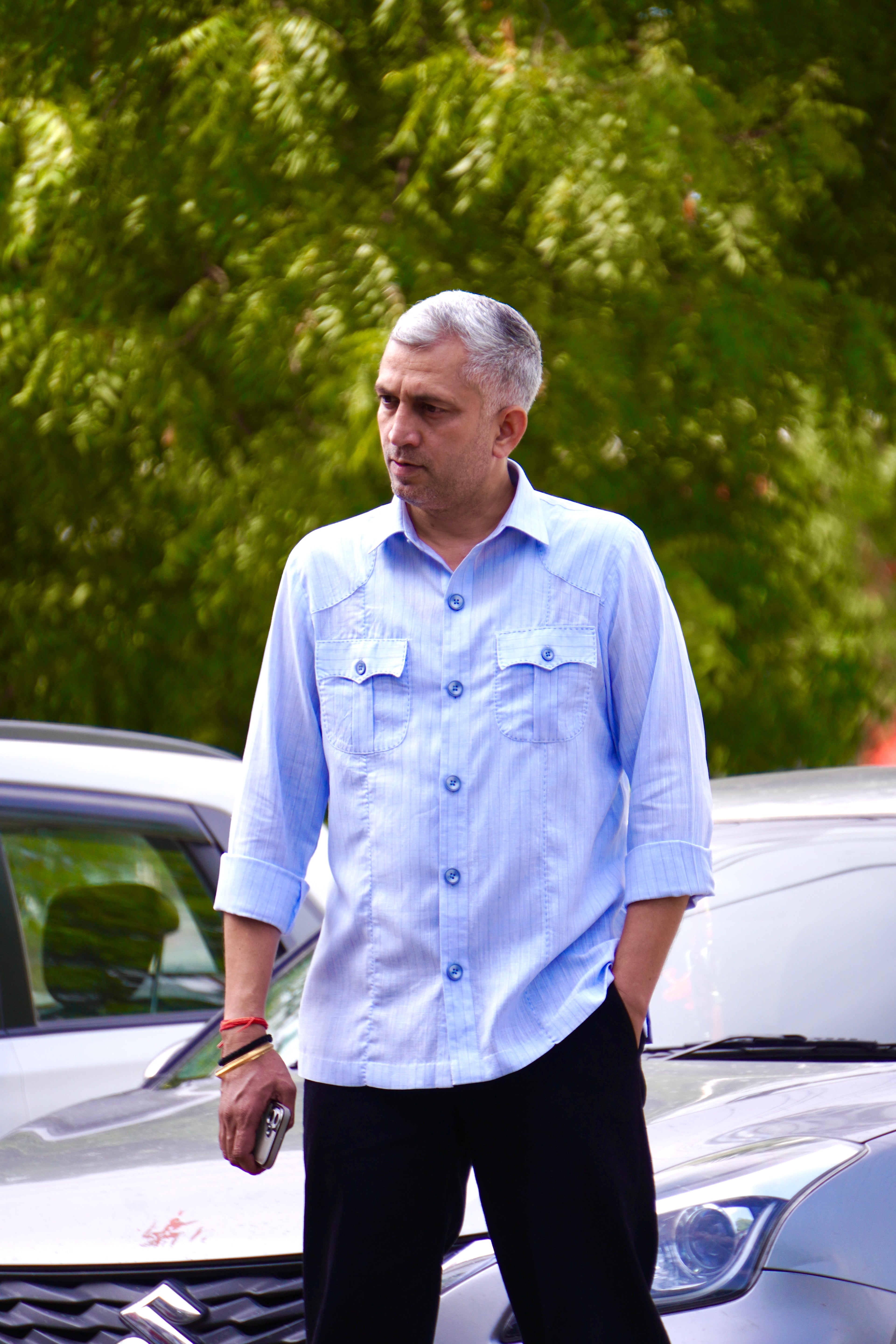 ROYYD black denim straight fit trouser paired with linen cotton hunting shirt, casual men's fashion outfit.