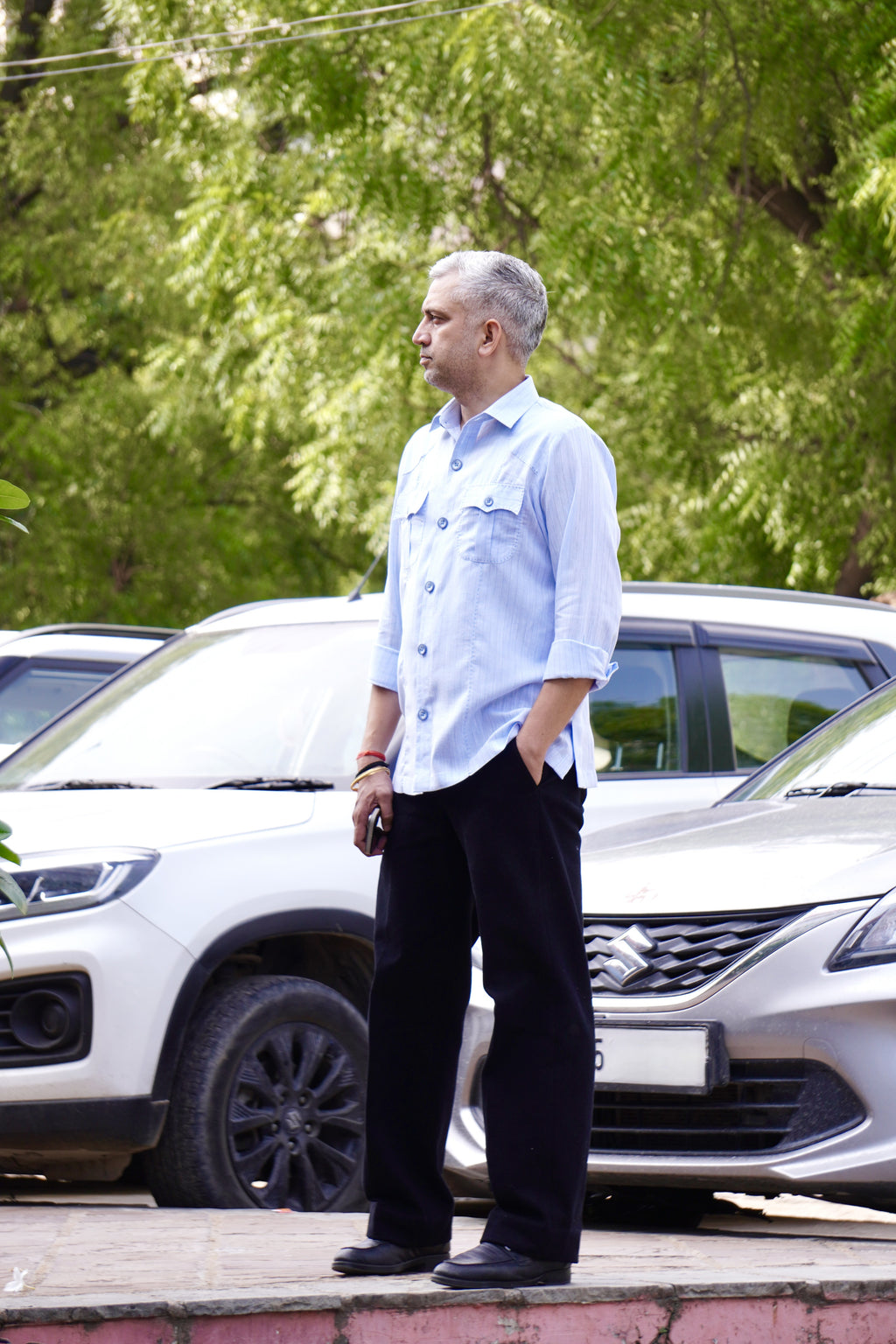 ROYYD black denim straight fit trousers paired with a linen cotton hunting shirt, showcasing casual and stylish men's fashion.