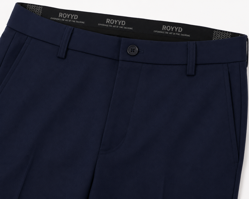 Navy blue formal office trouser by ROYYD, tailored fit with classic design, shown in a professional setting.
