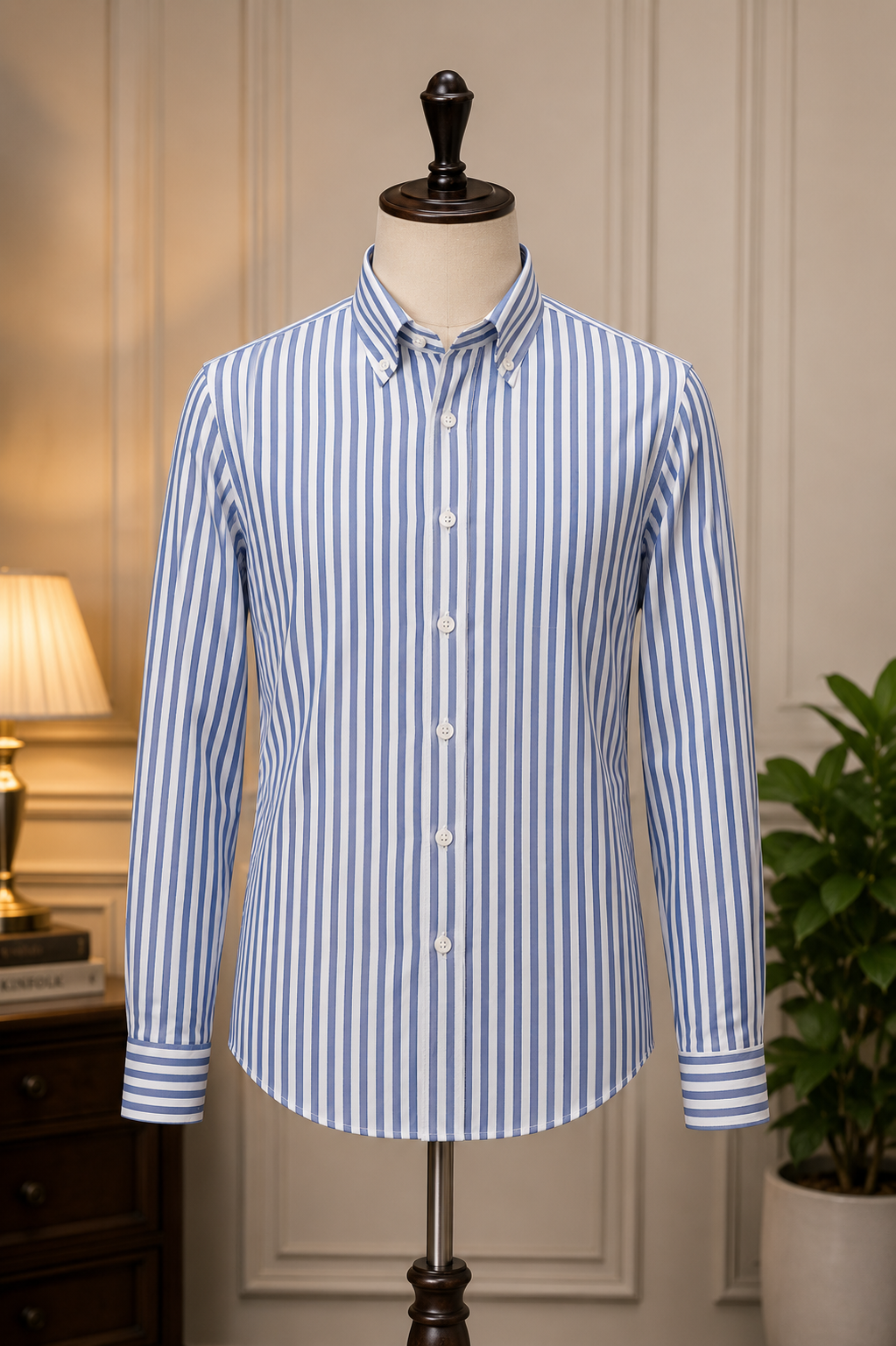 ROYYD Giza Premium Stripe Shirt showing a close-up of the fabric with blue and white stripes and a classic collar.