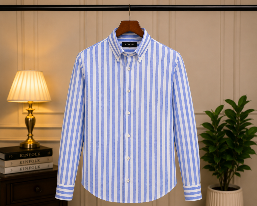 ROYYD Giza premium stripe shirt with classic collar and long sleeves, featuring a stylish striped pattern and button closure.