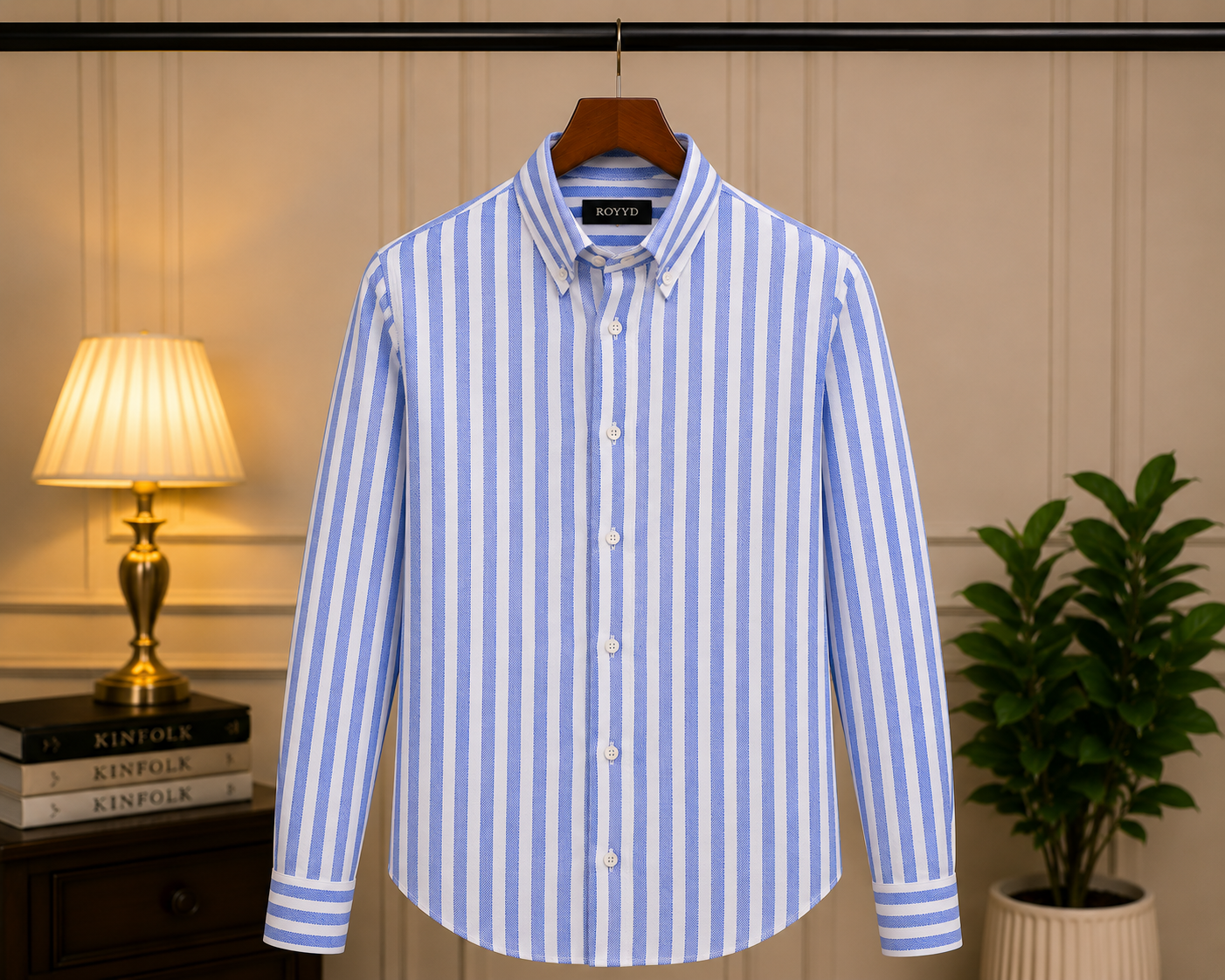 ROYYD Giza premium stripe shirt with classic collar and long sleeves, featuring a stylish striped pattern and button closure.