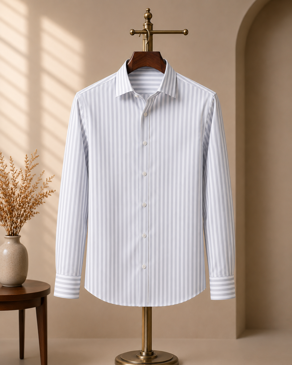 ROYYD Giza Premium Stripe Shirt in blue and white with a classic collar and button front, displayed on a hanger.