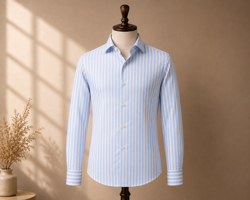 ROYYD Giza premium stripe shirt featuring a classic button-up design with blue and white stripes, tailored fit, and collar.