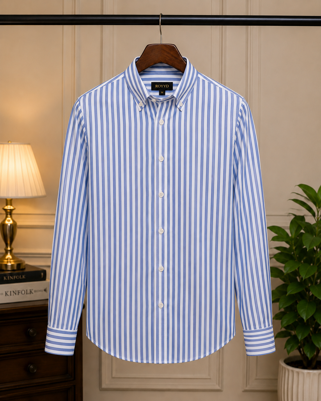 ROYYD Giza premium stripe shirt showing a stylish men's shirt with blue and white horizontal stripes and a classic collar.