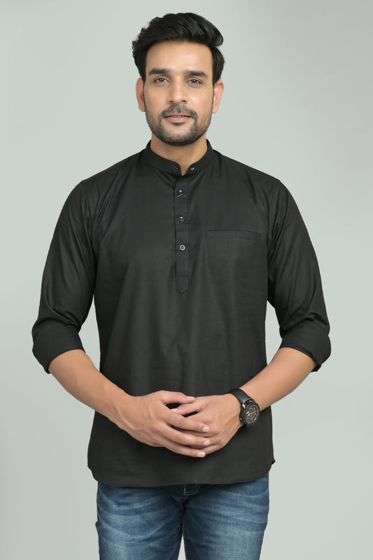 Men Solid Cotton Blend Straight Kurta  (Black)