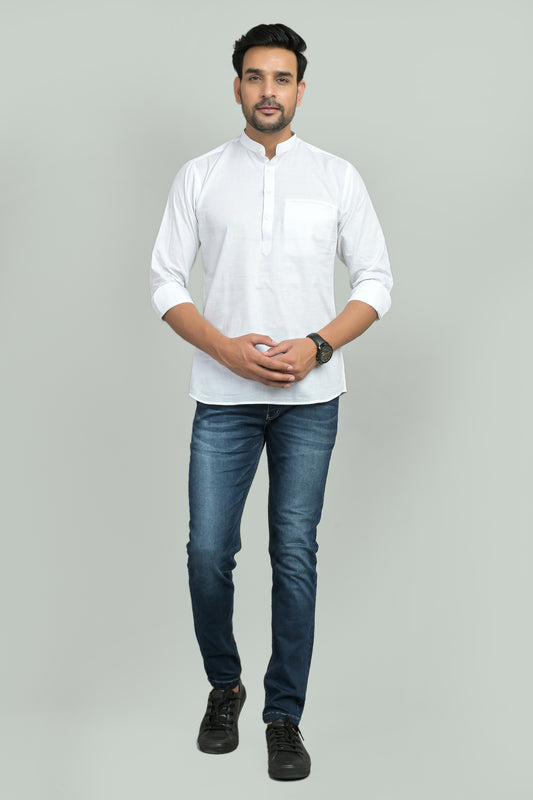 Men Solid Cotton Blend Straight Kurta  (White)