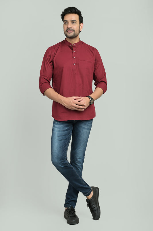 Benstoke Straight Maroon Cotton Short Kurta