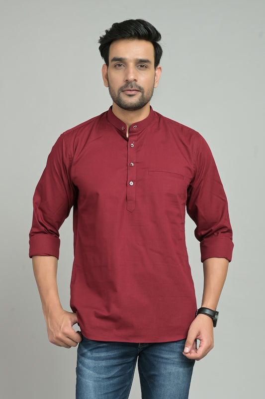 Benstoke Straight Maroon Cotton Short Kurta