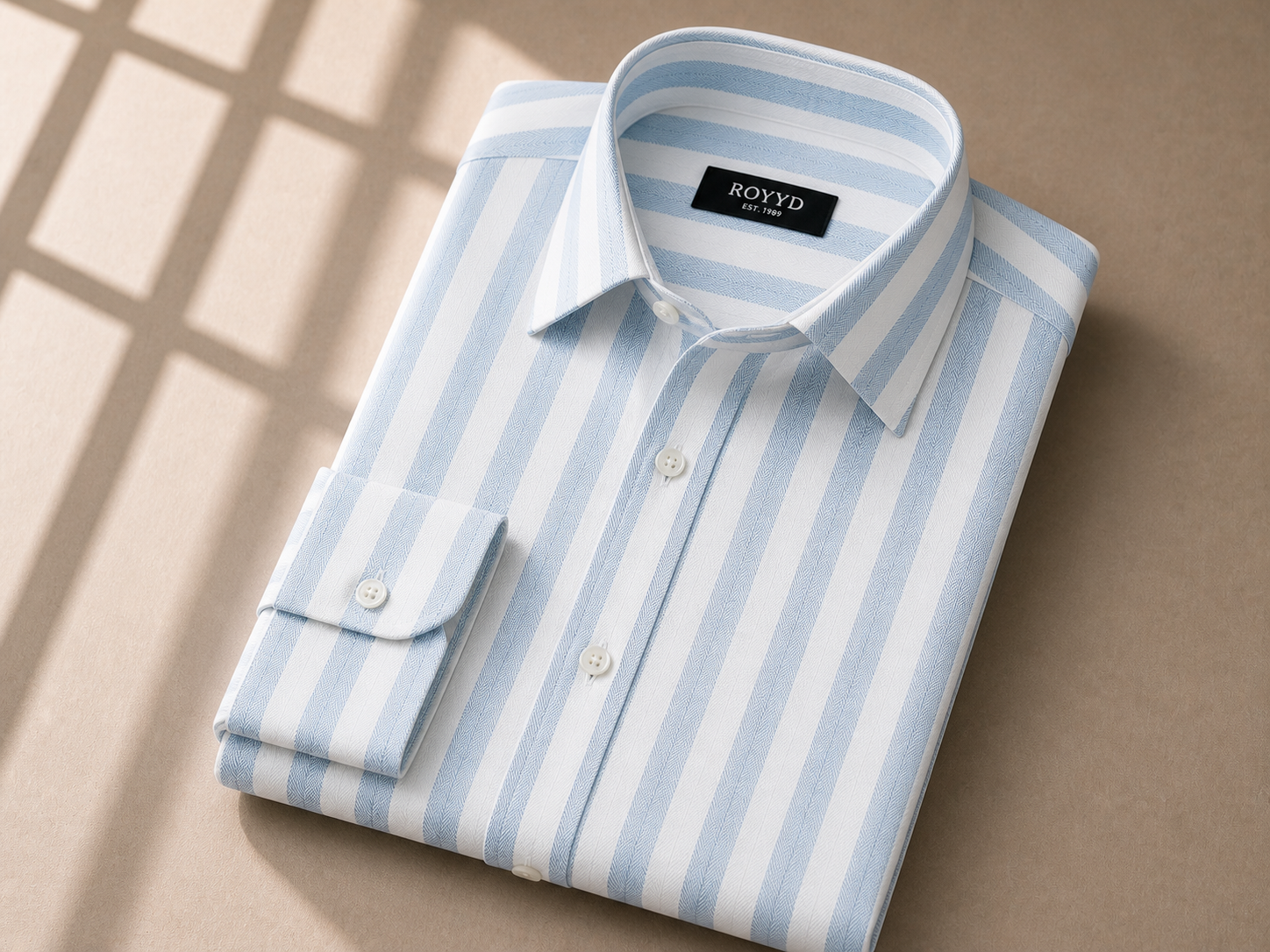 Blue ROOYD Giza Strip printed formal shirt with a classic collar and button-down design, showcased on a plain background.