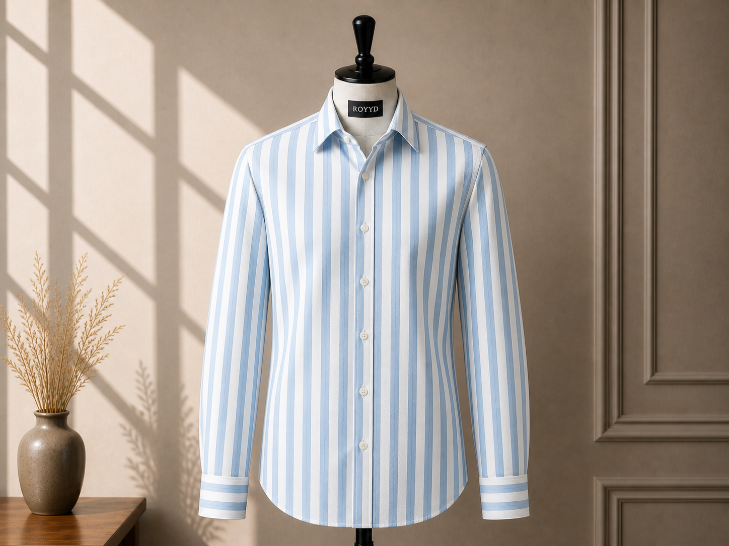 Blue ROOYD Giza Strip printed premium formal shirt with button-down collar and long sleeves, stylish and tailored fit.