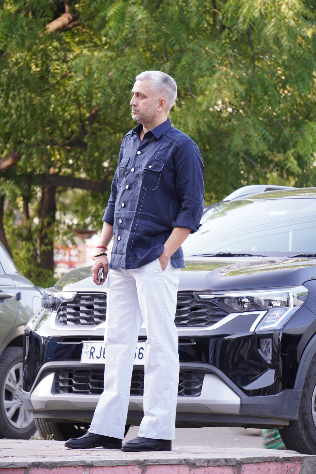 ROYYD Navy Blue Linen Hunting Shirt with Cotton Trousers