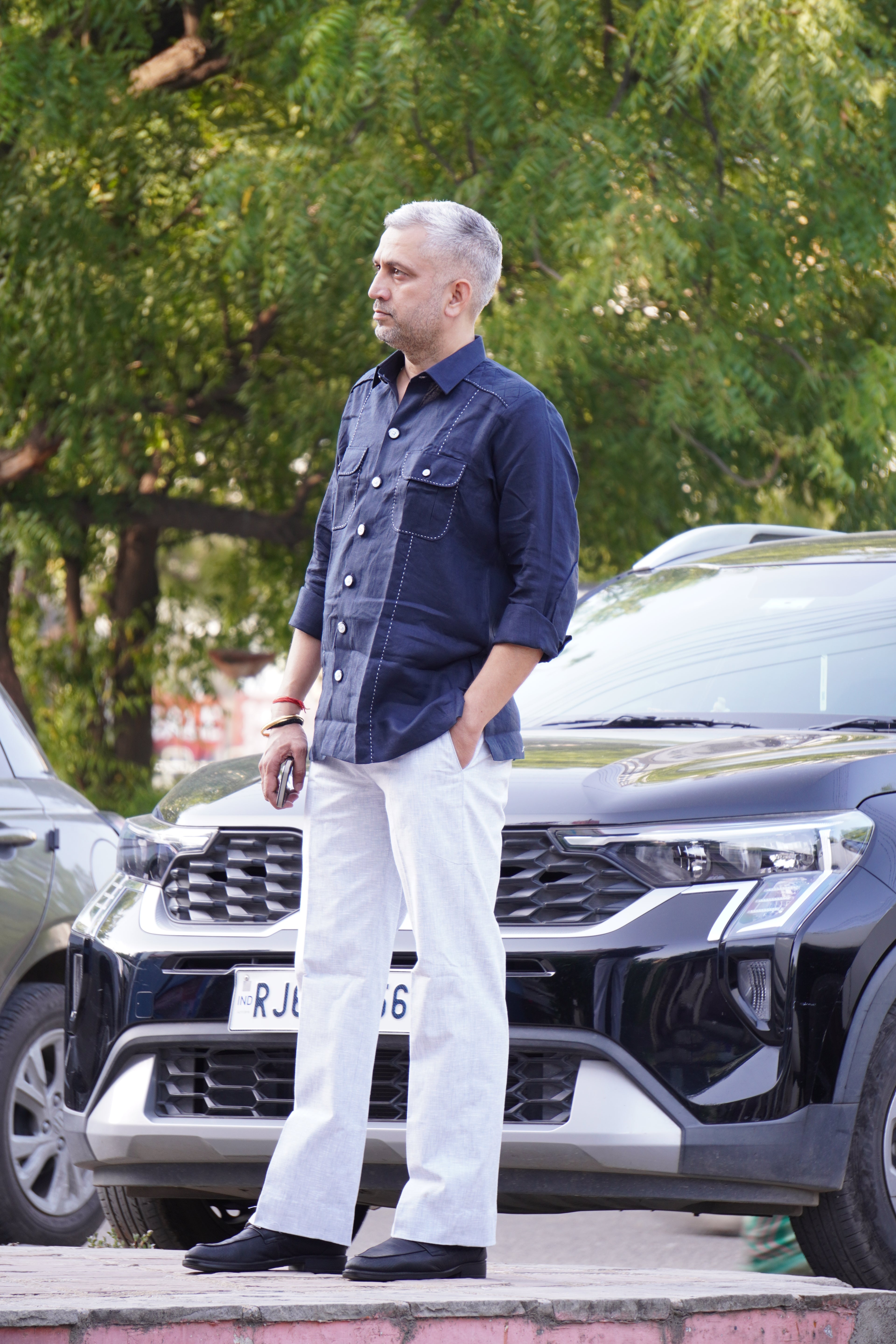 ROYYD Navy Blue Linen Hunting Shirt with Cotton Trousers