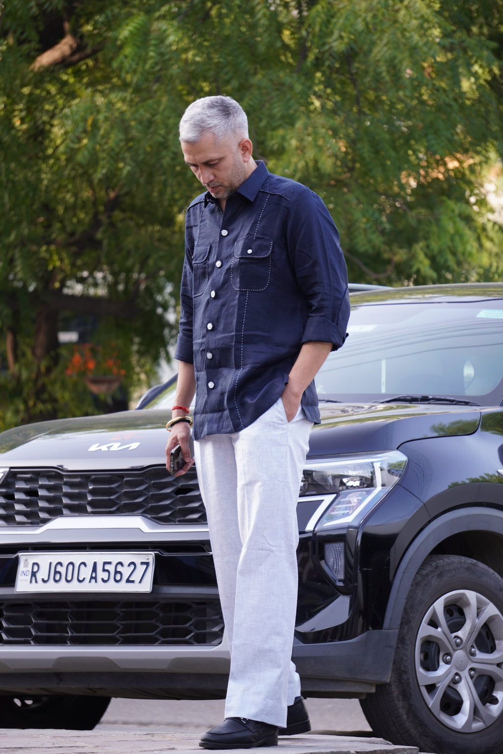 ROYYD Navy Blue Linen Hunting Shirt