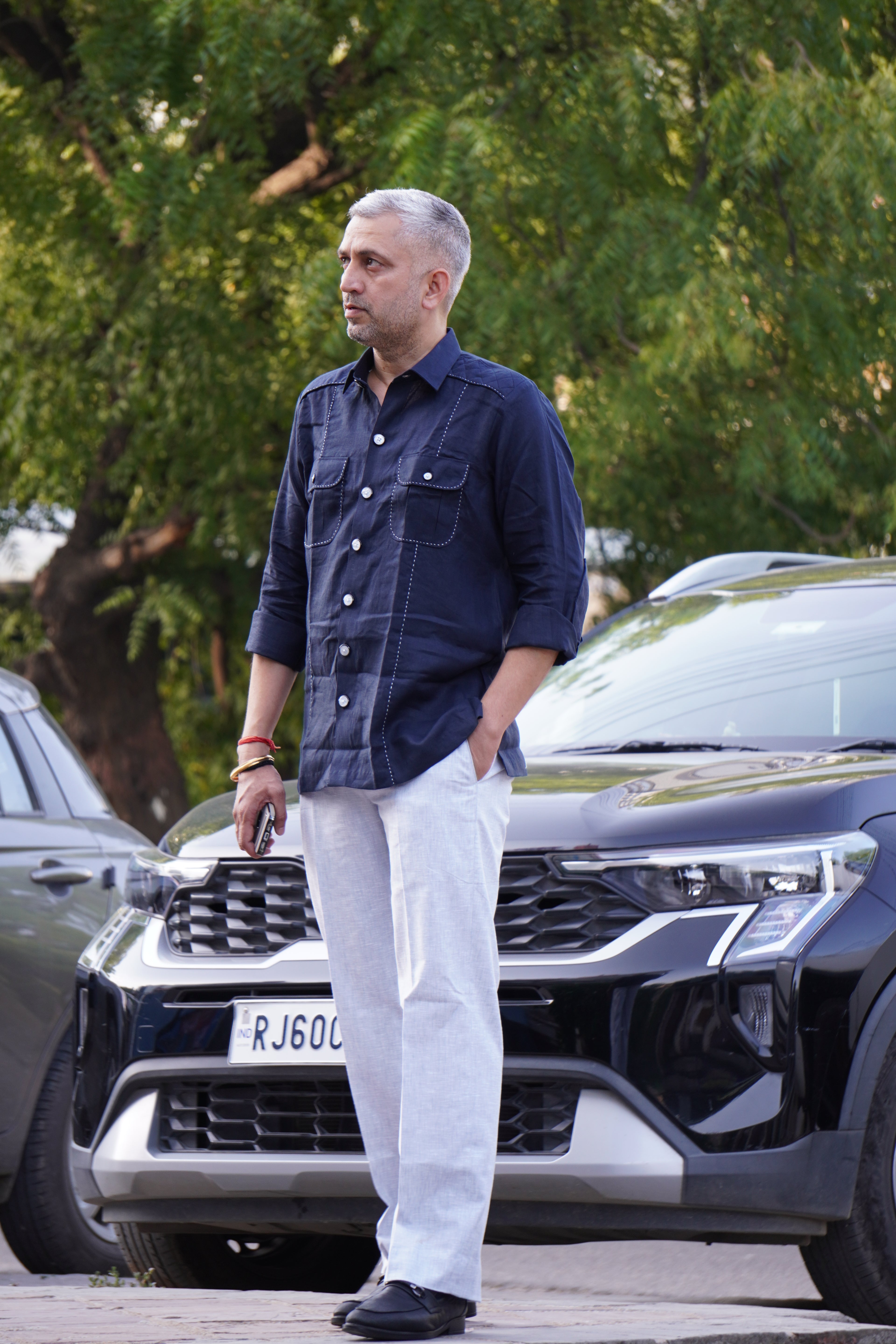 ROYYD Navy Blue Linen Hunting Shirt with Cotton Trousers