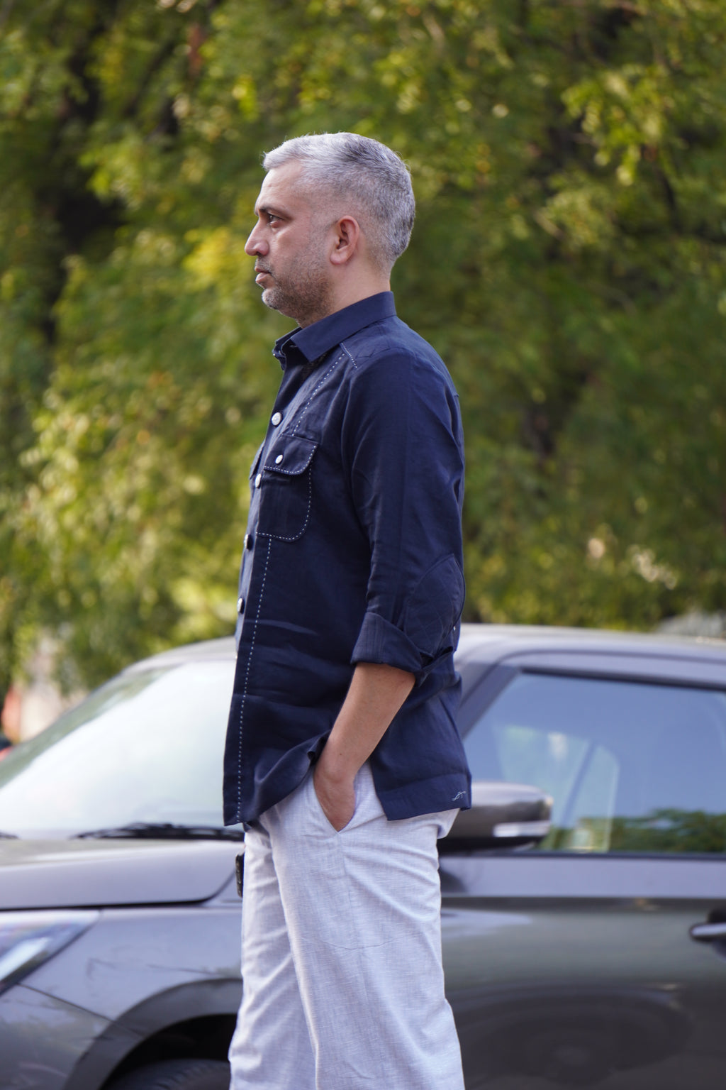 ROYYD Navy Blue Linen Hunting Shirt with Cotton Trousers