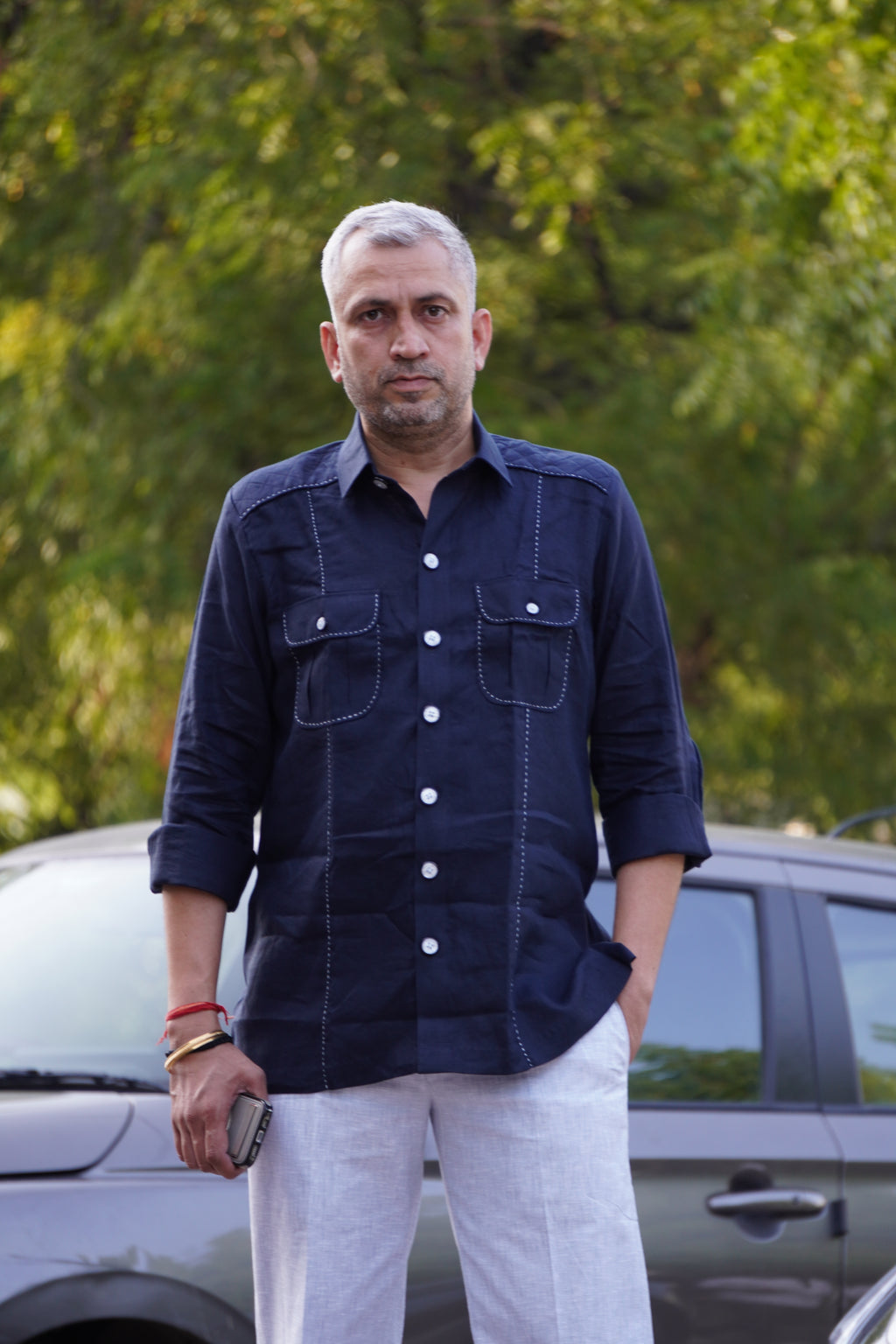 ROYYD Navy Blue Linen Hunting Shirt with Cotton Trousers