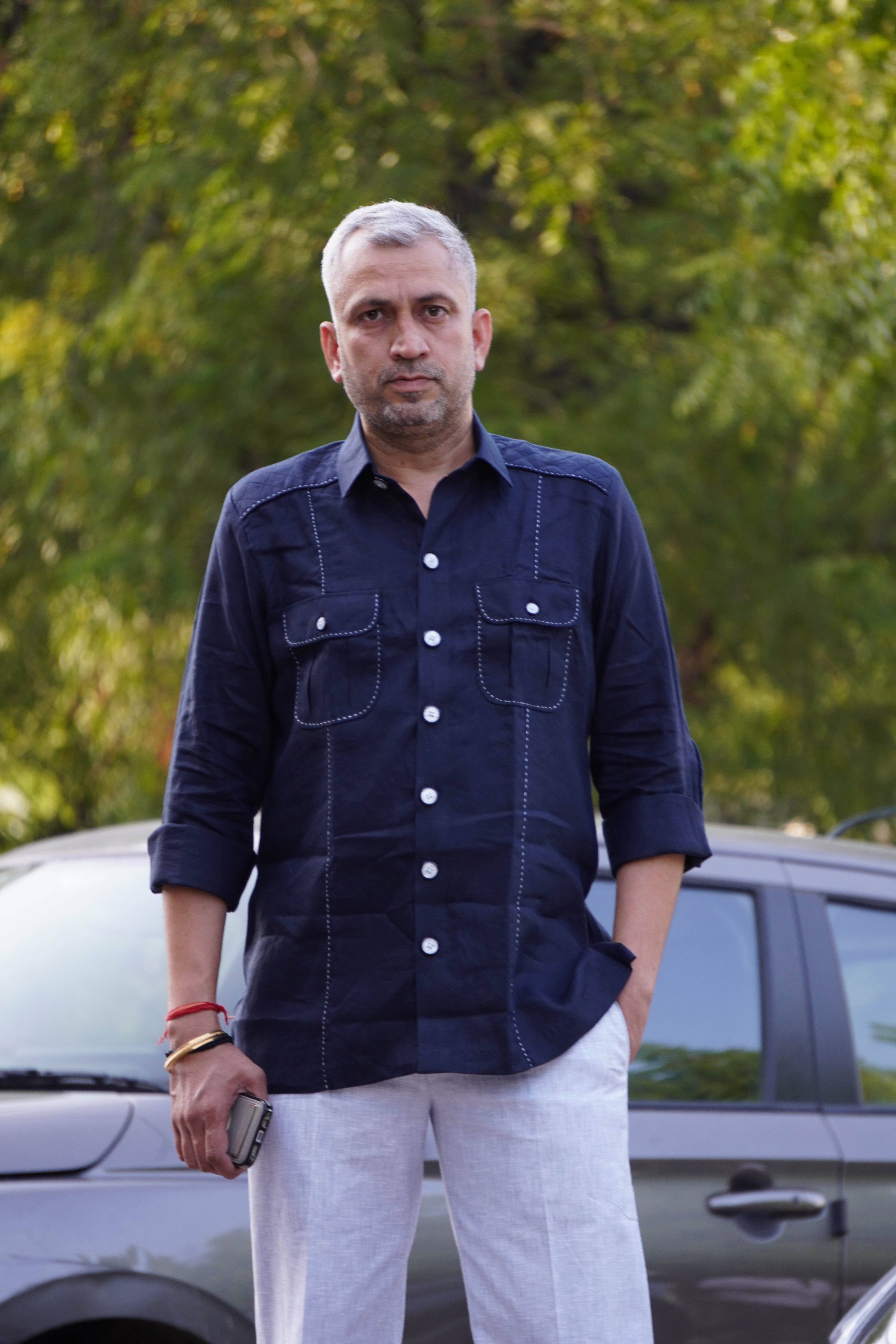 ROYYD Navy Blue Linen Hunting Shirt with Cotton Trousers