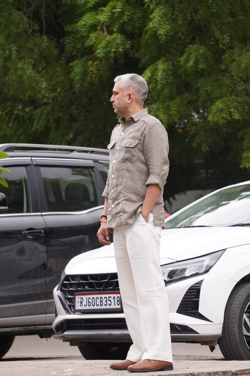 ROYYD Olive Green Linen Hunting Shirt with Linen Trousers