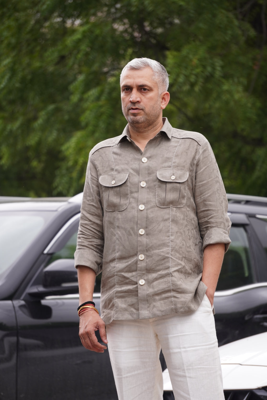 ROYYD Olive Green Linen Hunting Shirt with Linen Trousers
