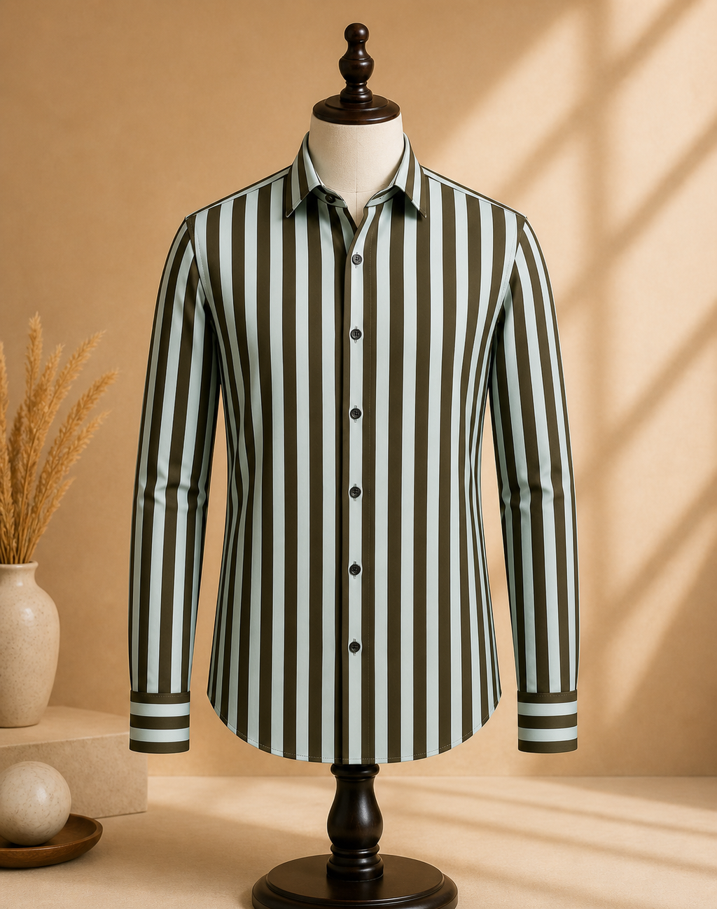 ROOYD Giza Strip Printed Premium Formal Shirt displayed on a hanger, showcasing its stylish design and tailored fit.