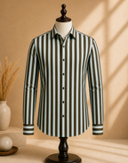 ROOYD Giza Strip Printed Premium Formal Shirt displayed on a hanger, showcasing its stylish design and tailored fit.