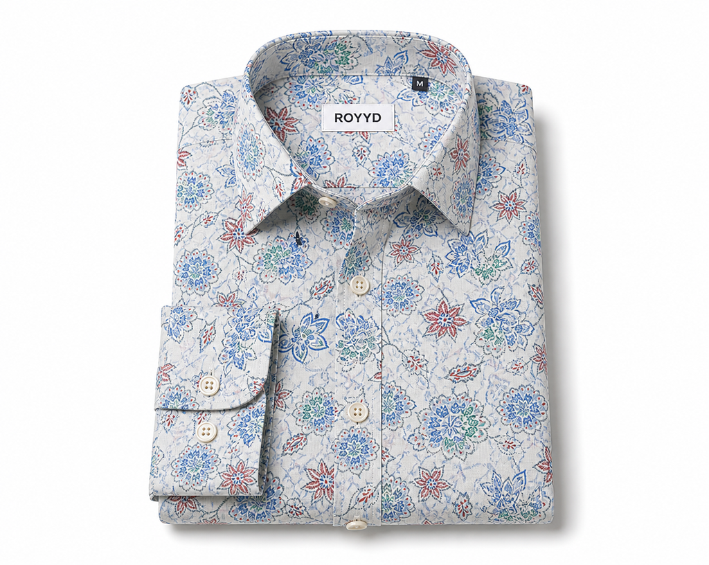 ROYYD Giza cotton printed casual shirt with short sleeves and button-down front, featuring a stylish Giza-inspired pattern.