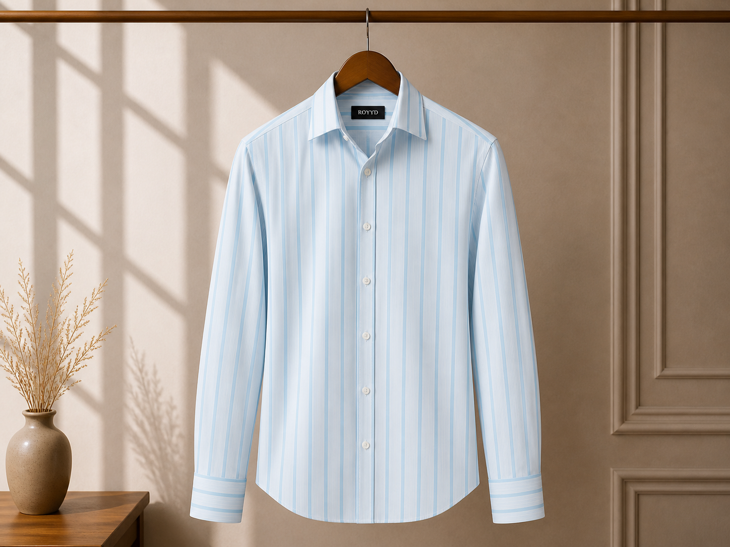 ROOYD Giza Strip Printed Premium Formal Shirt displayed flat, featuring white and blue striped pattern with a classic collar.