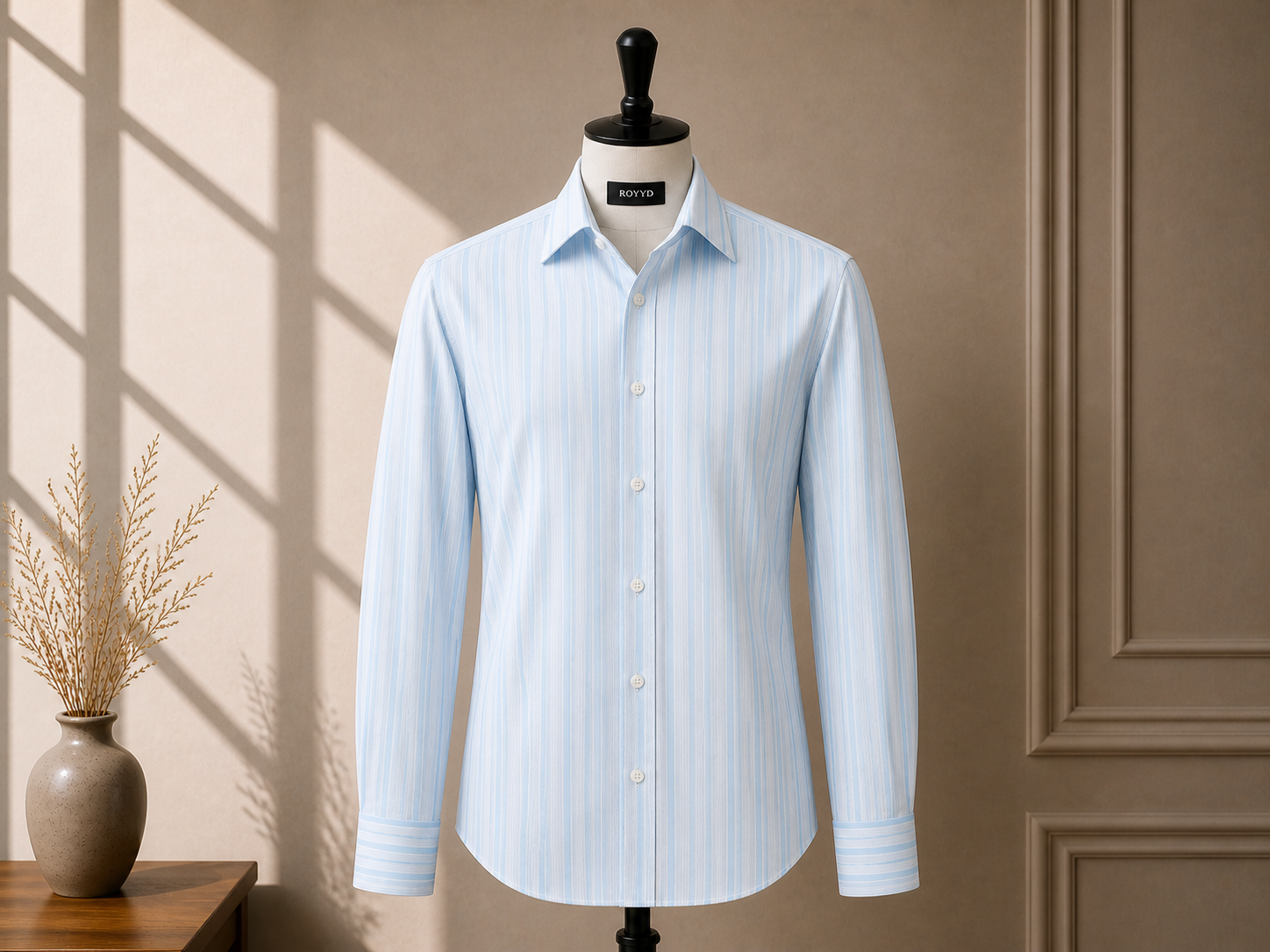ROOYD Giza Strip Printed Premium Formal Shirt shown in navy with white vertical stripes, tailored fit, and button-down collar.