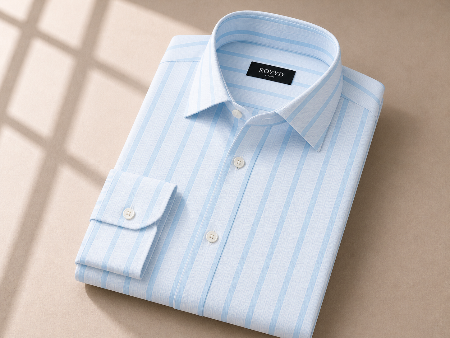 ROOYD Giza Strip Printed Premium Formal Shirt showing a stylish men's shirt with blue and white vertical stripes and a classic collar.