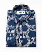 ROYYD printed casual shirt showing a button-down design with colorful abstract print, made from lightweight fabric.