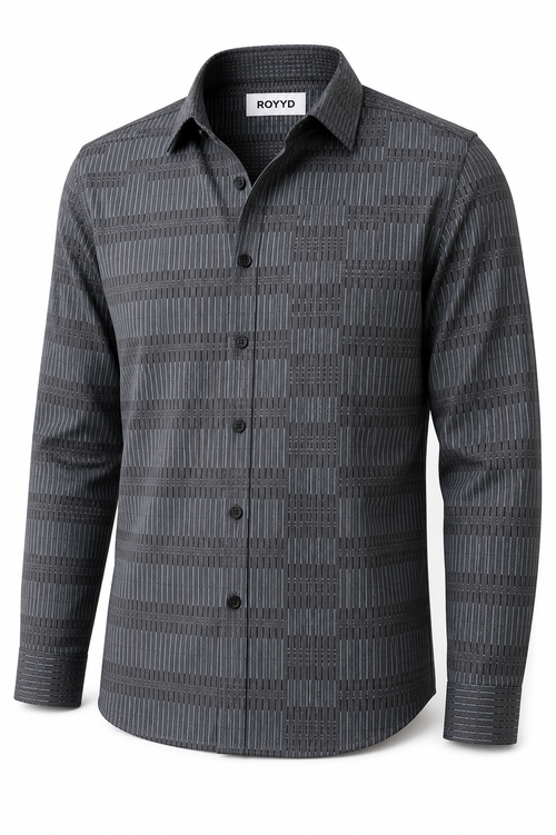 ROYYD Giza Cotton Printed Casual Shirt displayed on a hanger, featuring a stylish design and comfortable fabric.