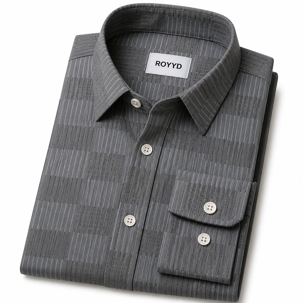 ROYYD Giza cotton printed casual shirt displayed flat with a colorful geometric pattern on a white background.