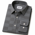 ROYYD Giza cotton printed casual shirt displayed flat with a colorful geometric pattern on a white background.