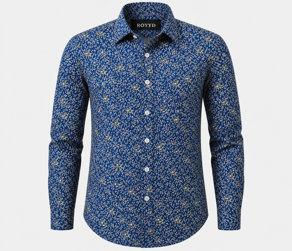 ROYYD Giza cotton printed casual shirt, lightweight men's shirt with intricate patterns, short sleeves, and button closure.