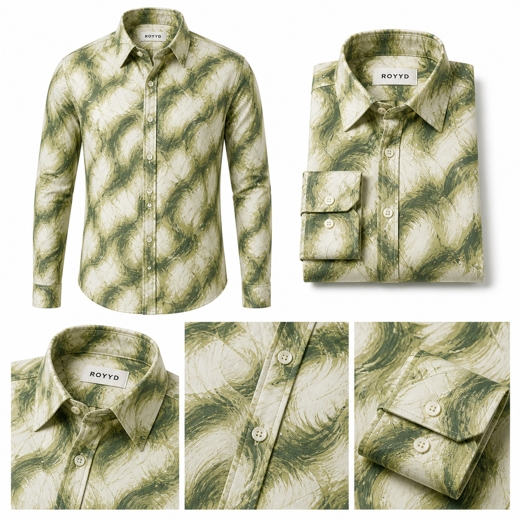 Green ROYYD Giza cotton printed casual shirt with button-down front and collar, displayed on a hanger.