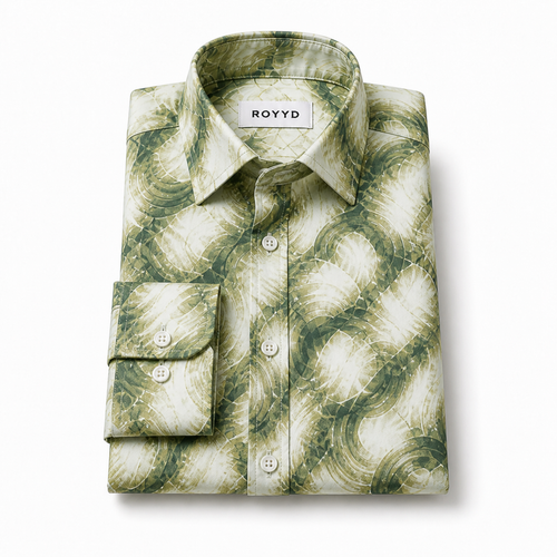 Green ROYYD Giza cotton printed casual shirt with a relaxed fit, featuring intricate patterns and a classic collar.